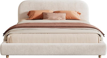 Merax California King Size Teddy Fleece Thick Fabric Upholstered Platform Bed with Curved Shaped Headboard, Wood Bed Frame with Solid Round Legs for Kids Teens Adults, White