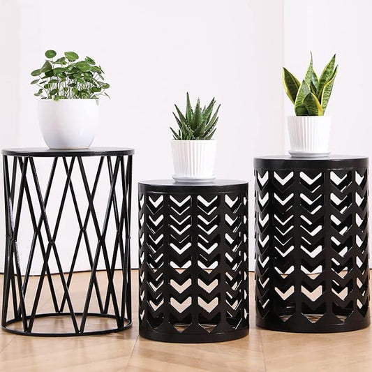 Nesting Round Metal Indoor Coffee End Tables, Set of 3 Modern Farmhouse Nightstands Decor Sofa Side Tables Plant Stand for Living Room Balcony Home Garden Stool Patio Outdoor- Black