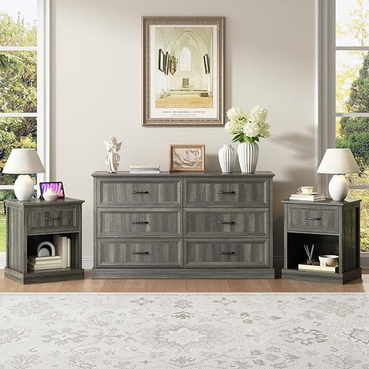 CARPETNAL Farmhouse Dresser and Nightstand Sets for Bedroom, 3 Pcs Bedroom Set, 6 Drawer Dresser & Nightstand Set of 2, Modern Wood Chest of Drawers for Bedroom, Living Room, Entryway, Grey