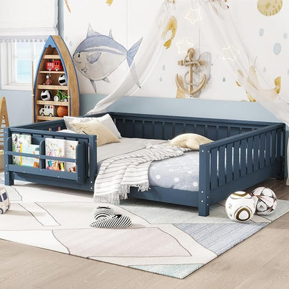 Bellemave Queen Size Montessori Floor Bed with Slats and Fence, Queen Size Montessori Bed with Rails and Bookcase, Easy Assemble Floor Beds Frame,Blue