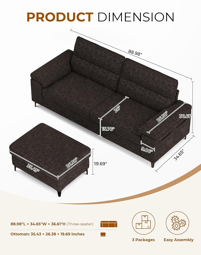 88.97" L Shaped Sectional Couches for Living Room, Deep Seat Sofa with Storage Ottoman & 8”Cushion, Comfy 2-Seater Chenille Loveseat, Convertible Armrest, Removable Cover for Small Space(Dark Gray)