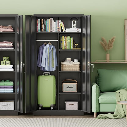 INTERGREAT Metal Wardrobe Closet, 72" Black Locking Storage Wardrobe Cabinet with Locking Doors and Adjustable Shelves, 18" D x 36" W Tall Steel Clothes Storage for Office, Home, School, Gym