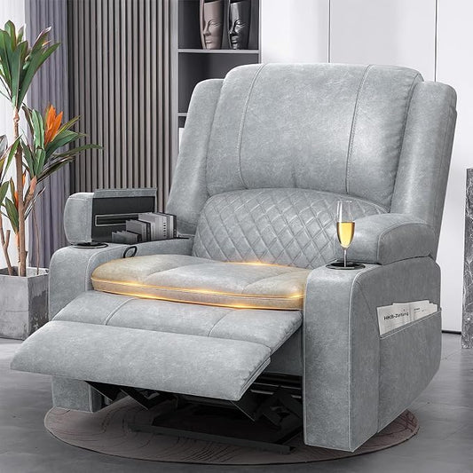 Yolsali Recliner Chairs for Adults, Oversize Manual Reclining Chair with 2-Tier Cushions, PU Leather Recliner Chair with Hidden Storage Space, Living Room Recliner Chairs with Cup Holders - PU Grey