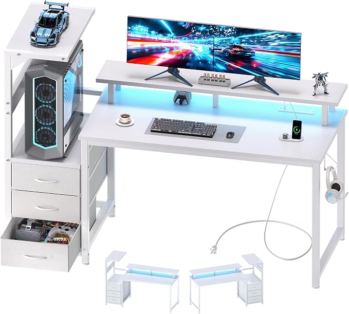 DUMOS 52” Gaming Desk with USB Charging Ports & LED Lights, Reversible Computer Desk with Drawers, PC Desk for Home Office Small Space, Gaming Table Fits PC Towers, White