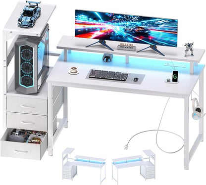 DUMOS 52” Gaming Desk with USB Charging Ports & LED Lights, Reversible Computer Desk with Drawers, PC Desk for Home Office Small Space, Gaming Table Fits PC Towers, White