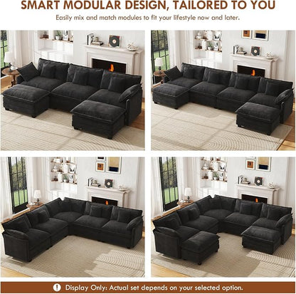 WorthFurni 114” Oversized Modular Sectional Sofa, 7-Seater V Shaped Cloud Couch Set, Comfy Chenille Deep Seat Couches with 2 Movable Ottomans, DIY Combination for Living Room (Black)