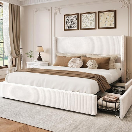 LARMACE King Size Bed Frame with 4 Storage Drawers Modern White Corduroy Upholstered Platform Bed Frame with Headboard Tufted Vertical Stripe &Wooden Slats Support, No Box Spring Need,Easy Assembly