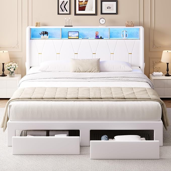 Allewie King Bed Frame with 2-Tier Storage Headboard, Charging Station & LED Lights, Velvet Upholstered Platform Bed with 2 Drawers, Wingback Headboard, Gold Button Tufted, No Box Spring Needed, White