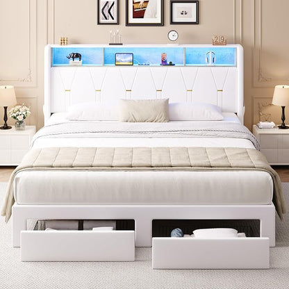 Allewie King Bed Frame with 2-Tier Storage Headboard, Charging Station & LED Lights, Velvet Upholstered Platform Bed with 2 Drawers, Wingback Headboard, Gold Button Tufted, No Box Spring Needed, White