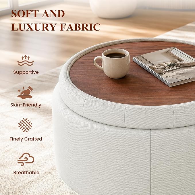 25Inch Round Ottoman with Storage, Tufted Fabric Modern Circle Ottoman with Reversible Tray Lid and Wood Legs, Multi-Functional Small Coffee Table for Living Room, Bedroom, Beige
