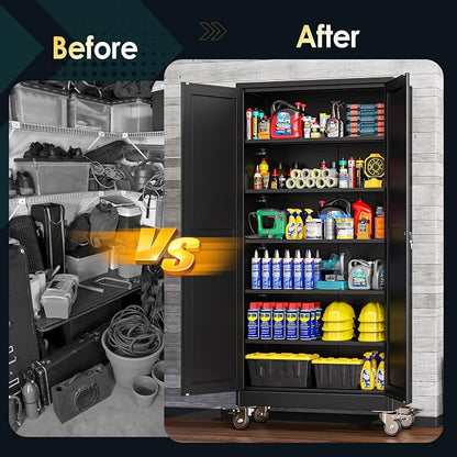 PAOFIN Metal Garage Storage Cabinet with Wheels,Steel Lockable File Cabinets with 2 Doors and 5 Adjustable Shelves,74" H Locking Tool Cabinets for Home Office, Warehouse, Required Assembly,Black