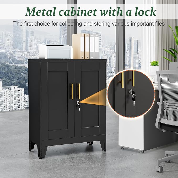 Black Metal Storage Cabinet, 36" Tall Locking Storage Cabinet with 2 Adjustable Shelves, Steel Locker Organizer, for Office, Home, School