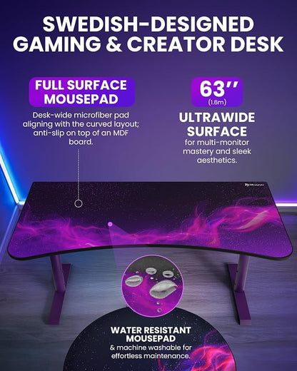 Arozzi Arena Special Edition Ultrawide Curved Gaming and Office Desk with Full Surface Water Resistant Desk Mat Custom Monitor Mount Cable Management Cut Outs - Purple Galaxy
