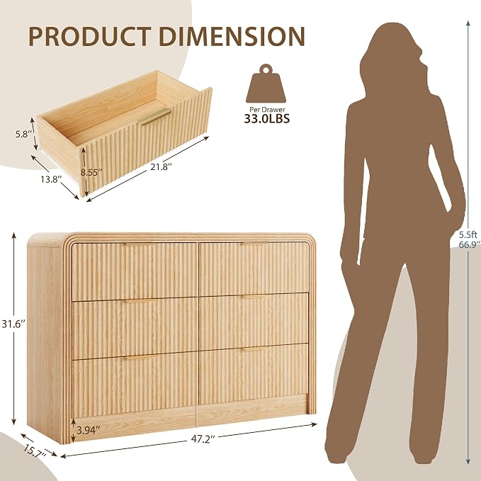 Decofy Fluted Drawers Dresser for Bedroom, Wood Dressers with Gold Handles, Modern Dressers with Wave Texture, Large Storage Chest of Drawers, Bedroom Dresser Organizer 47'' & 6 Drawers (Natural Oak)
