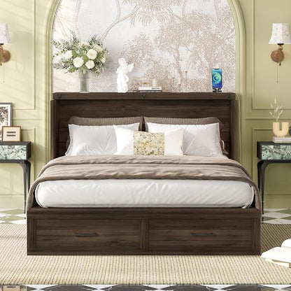 Merax Farmhouse Wood Murphy Bed Chest with Charging Station, Foldable Wall Platform Bed with Storage Drawer/Space Saving/Wood Slat Support/Queen, Gray