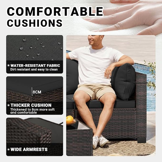 Person sitting on a wicker chair with text highlighting comfortable cushions, water-resistant fabric, thicker cushion, and wide armrests.