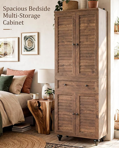 80" Tall Storage Cabinet with Louvered Doors and Adjustable Shelves, Farmhouse Kitchen Pantry Cabinet, Freestanding Storage for Dining Room, Living Room, Home Office, Bathroom, Cracked Oak