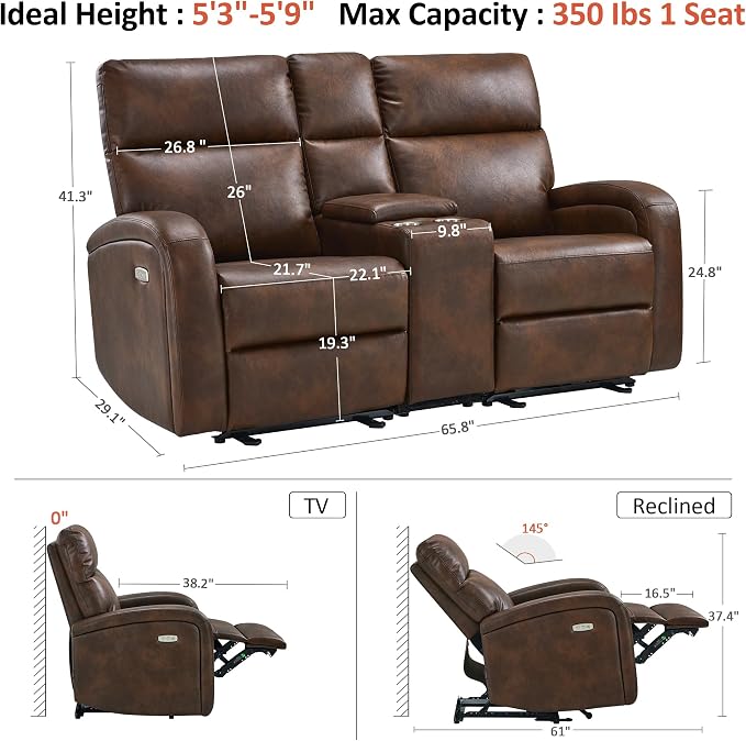 MCombo Zero Wall Recliner Loveseat, 2-Seat Power Wall Hugger Sofa with USB & Type-C Dual Ports, for Small Space Living Room RV, Faux Leather PR646 (Dark Brown, Loveseat with Console)