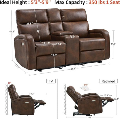 MCombo Zero Wall Recliner Loveseat, 2-Seat Power Wall Hugger Sofa with USB & Type-C Dual Ports, for Small Space Living Room RV, Faux Leather PR646 (Dark Brown, Loveseat with Console)