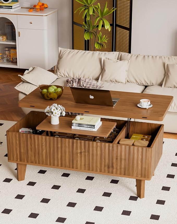 4 in 1 Lift Top Coffee Table with Storage, Mid Century Modern Living Room Center Table, Wood Fluted Multi-Function Convertible Dining Table, Walnut