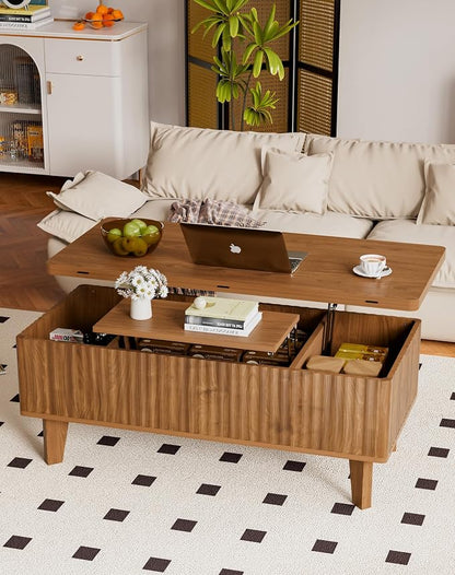 4 in 1 Lift Top Coffee Table with Storage, Mid Century Modern Living Room Center Table, Wood Fluted Multi-Function Convertible Dining Table, Walnut
