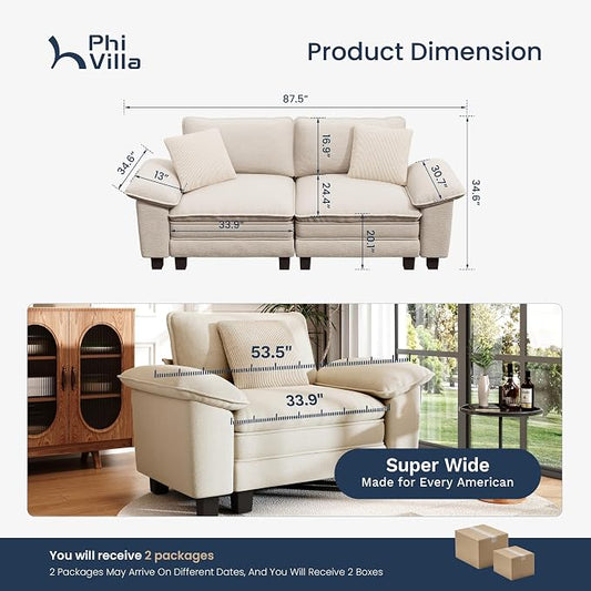 PHI VILLA Indoor Modular Couches Sets, 87.5" Sectional Loveseat Sofa with Upholstered Deep Seat, 2-Seater Comfy Couches for Living Room Bedroom, Chenille Fabric, Beige