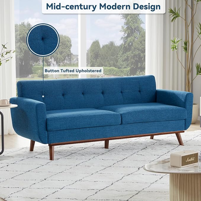 Kingfun 77.2" W Loveseat Sofa, Mid Century Modern Decor Love Seat Couches for Living Room, Button Tufted Upholstered Furniture, Solid & Easy to Install Small Couch for Bedroom Office Apartment, Blue
