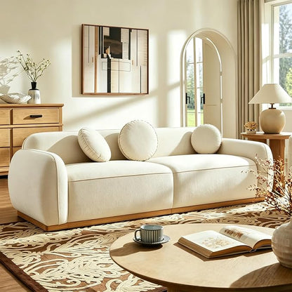91'' Chenille Cloud Couch, 3 Seater Modern Luxury Sofa with 3 Round Pillows, Solid Wood Base, Easy Assembly, Plush Comfy Upholstered Couch for Living Room, Apartment (Cream White)