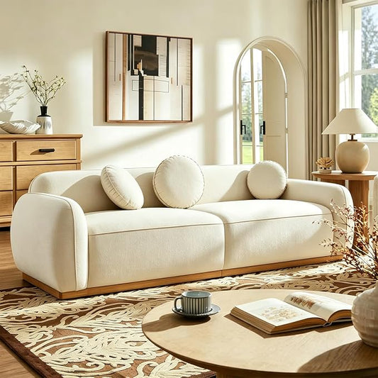 91'' Chenille Cloud Couch, 3 Seater Modern Luxury Sofa with 3 Round Pillows, Solid Wood Base, Easy Assembly, Plush Comfy Upholstered Couch for Living Room, Apartment (Cream White)