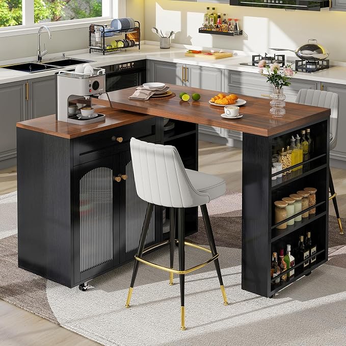 LYNCOHOME 71.1" Rolling Kitchen Island with 360° Rotating Tabletop, Mobile Lockable Wheels & Adjustable Shelves, Multifunctional Storage Cart for Kitchen & Dining（Black）