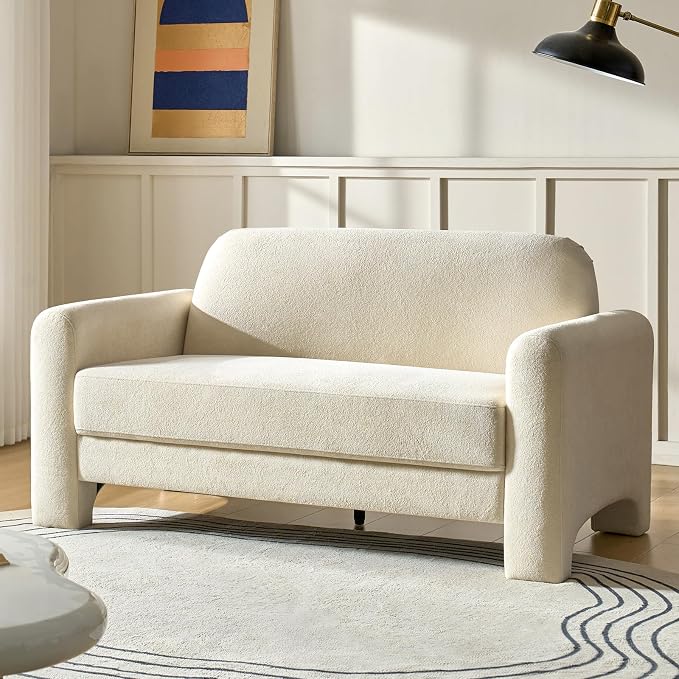 HULALA HOME 60" Modern Curved Loveseat Sofa, Comfy Chenille Couch Small Love Seat with Wrapped Armrests, 2 Seater Sofa for Living Room, Easy Assembly, Ivory