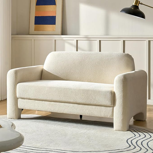HULALA HOME 60" Modern Curved Loveseat Sofa, Comfy Chenille Couch Small Love Seat with Wrapped Armrests, 2 Seater Sofa for Living Room, Easy Assembly, Ivory