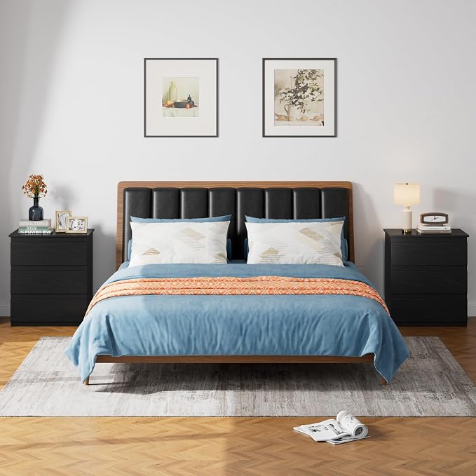 Bamjoy Black Nightstand with 3 Drawers, Beside Table with Drawers for Bedroom, Small Side Table Storage Cabinet 3 Drawer Night Stand for Home Office, 18.0W x 14.0D x 24.8H Inches