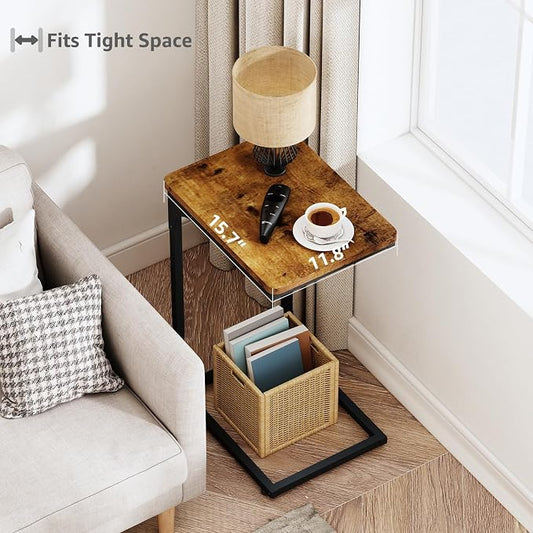 QEEIG C Shaped Side Table Set of 2 Living Room Sets Couch Tray Tables Small Farmhouse 11.8 inch Width, Rustic Brown (017A-30BN)