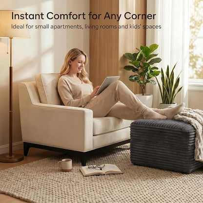 37.4" Charcoal Plush Corduroy Ottoman, Upholstered Cloud Ottoman for Boneless Couch in a Box, Modular Sectional Couches for Living Room Bedroom, Compressed Memory Foam, No Assembly Require, Dark Grey