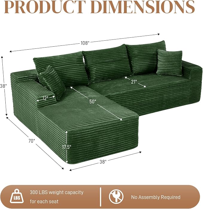 108" L Shaped Cloud Boneless Sectional Couches for Living Room, Modern Comfy Modular Deep Seat Memory Foam Compressed Corduroy Sofa Oversized Left Facing Chaise, No Assembly Required, Green