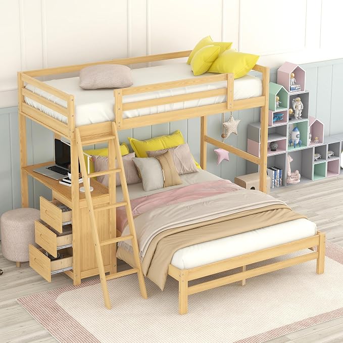 Ball & Cast Twin Over Full Bunk Bed with Safty Guardrail & Stair,Solid Wood Construction W/Built-in Desk & 3 Drawers,Can Divided Into 2 Bedframe,Easy Assembly,for Boy Girl Teen Adult Bedroom,Natural