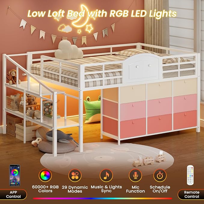 VIAGDO Low Loft Bed Full Size with 9 Storage Drawers and LED Lights, Metal Full Size Loft Bed with Stairway Shelf Storage, Low Loft Bed with Safety Guardrail and Under-Bed Hideaway for Kids, White