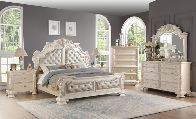First of a Kind Victoria Off White Traditional 4 Piece King Bedroom Set with Upholstered Tufted Headboard Elegant European Inspired Design Coordinated Furniture Collection