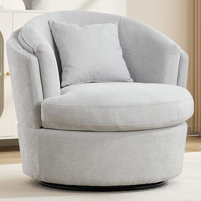 Swivel Accent Chair, Widened Round Barrel Chair with Pillow | Wide Padded Seat, Upholstered Chenille, Silent 360° Swivel Barrel Armchair for Living Room Bedroom Reading Nook, Light Gray