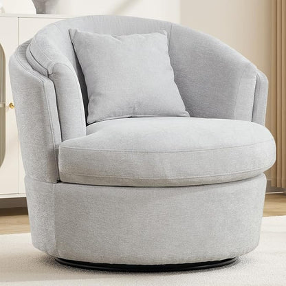 Swivel Accent Chair, Widened Round Barrel Chair with Pillow | Wide Padded Seat, Upholstered Chenille, Silent 360° Swivel Barrel Armchair for Living Room Bedroom Reading Nook, Light Gray