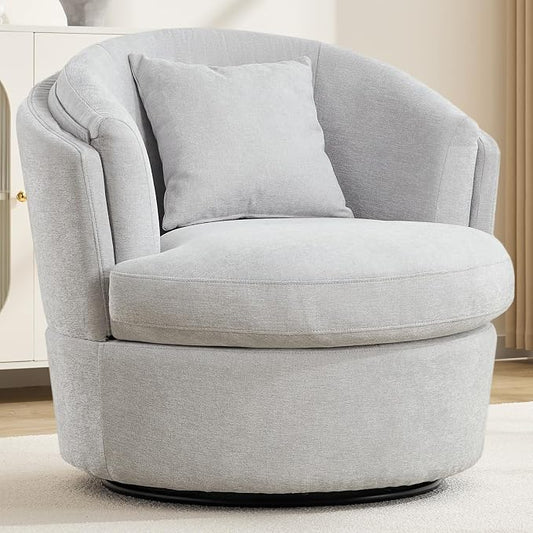 Swivel Accent Chair, Widened Round Barrel Chair with Pillow | Wide Padded Seat, Upholstered Chenille, Silent 360° Swivel Barrel Armchair for Living Room Bedroom Reading Nook, Light Gray