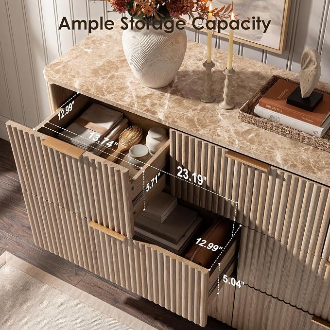 Dresser for Bedroom with 7 Drawers, 54"W Chest of Drawers, Fluted Dresser with Faux Marble Top, Curved Profile Design, Metal Handle, Wood Closet Storage Organizer for Living Room, Hallway, Natural Oak
