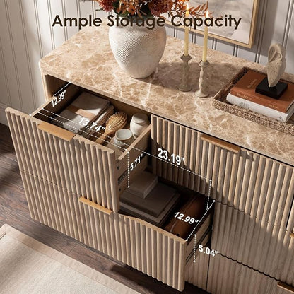 Dresser for Bedroom with 7 Drawers, 54"W Chest of Drawers, Fluted Dresser with Faux Marble Top, Curved Profile Design, Metal Handle, Wood Closet Storage Organizer for Living Room, Hallway, Natural Oak