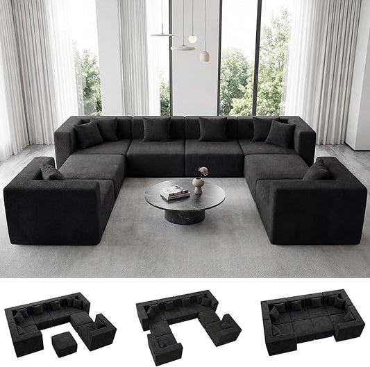MONVANE Modular Sectional Sofa, Oversized 8 Seat Convertible U Shaped Couch with Ottoman, Comfy Teddy Velvet Cloud Couch with Deep Seat, Sectional Couches for Living Room, No Assembly Required, Black