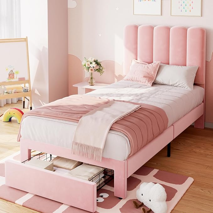 IDEALHOUSE Twin Bed Frame with Storage Drawer and Headboard, Velvet Upholstered Twin Platform Bed Frame for Girls, Strong Wooden Slats Support, Noise-Free, Easy Assembly (Pink)