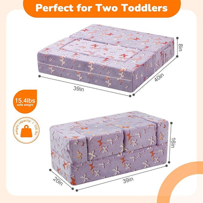 MeMoreCool Kids Modular Couch – Glow-in-the-Dark Butterfly Foam Sofa Bed, Lavender Convertible Toddler/Youth Playroom Sofa-to-Bed
