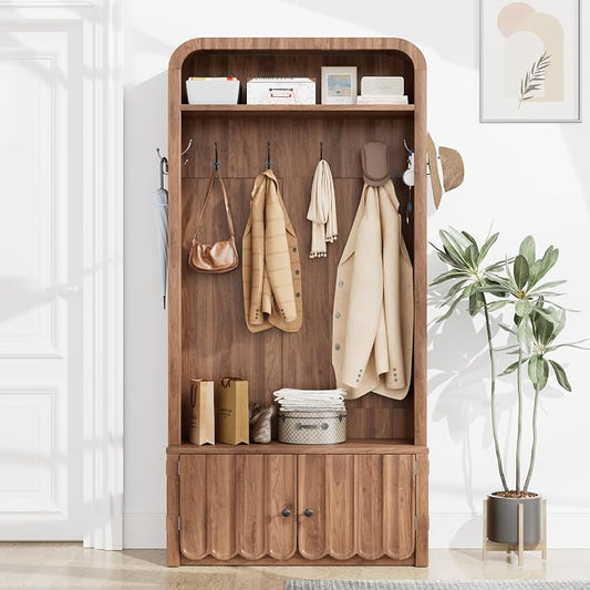 Narrow Hall Tree with Bench and Shoe Storage, Arched Entryway Coat Rack with Adjustable Shoe Cabinet,8 Hooks, Modern Rustic Mudroom Storage Organizer with Scalloped Wave Fluted Doors (Walnut)