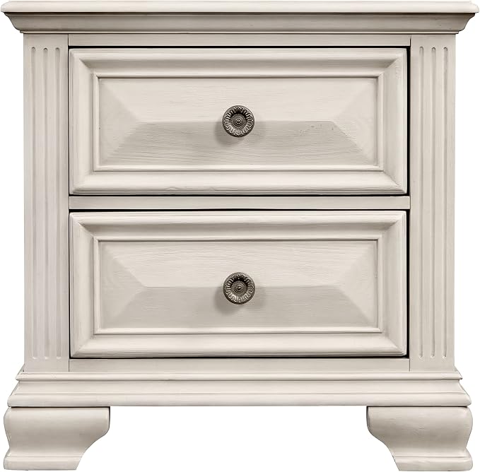 Roundhill Furniture Renova Distressed Parchment Wood Bedroom Set, King Panel Bed, Dresser, Mirror, Two Nightstands