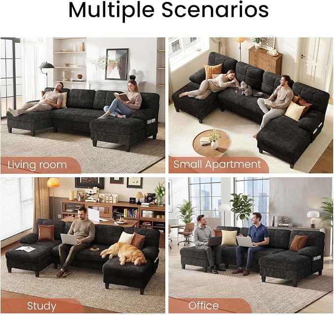 KKL U-Shaped Sectional Couch for Living Room, 112" Sectional Sofa with Double Chaise, Modern Sofa Deep Seat Couches for Living Room, Apartment, Office, Black